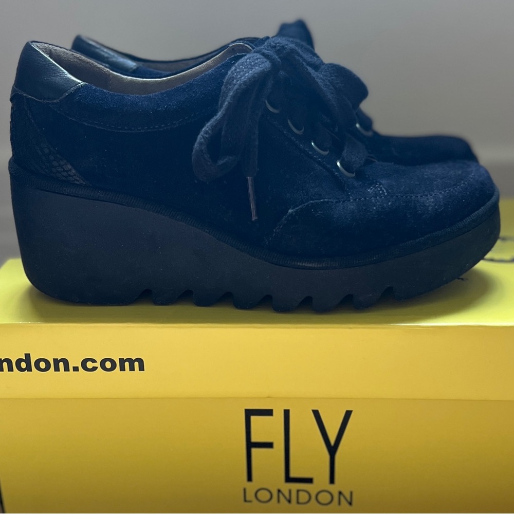 Fly London Navy Suede Wedge Shoes